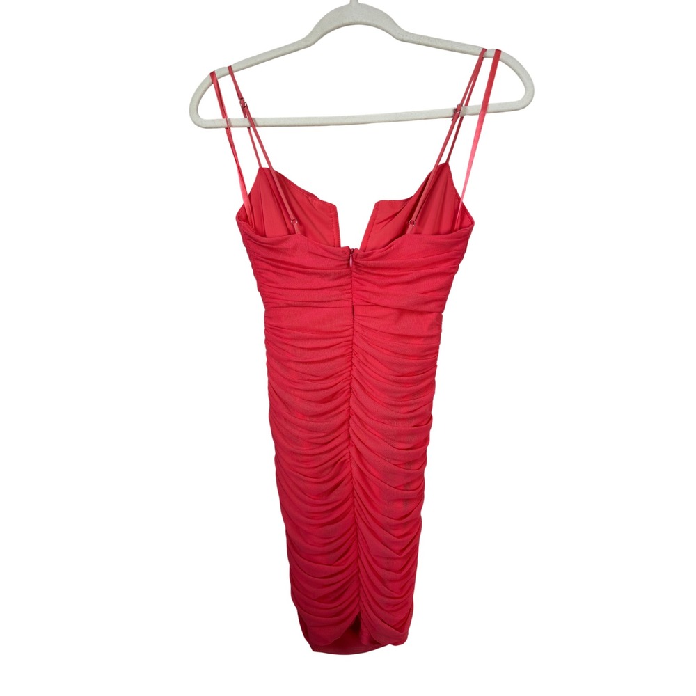 Hello Molly Coral Pink Ruched Mesh V Neck Bodycon Mini Dress Womens US 4 - Picture 6 of 6